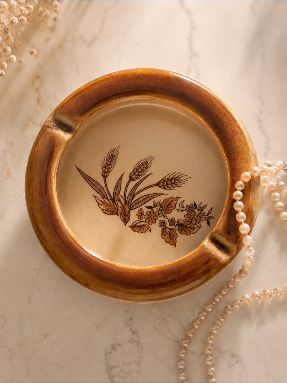 Vintage Handmade Ceramic Ashtray | Brown Drip Glaze | Wheat Botanical Design